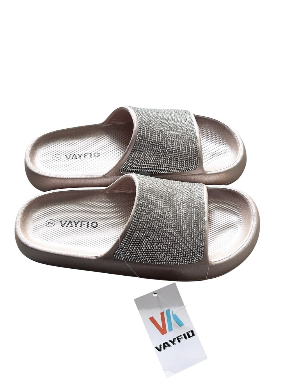 Vayfio Womens Sparkle Rhinestone Slide Sandals in Gold Blush Size 7